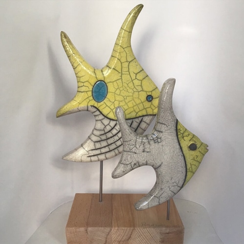 Duo de poissons en céramique grès raku-atelier de Pin d'Epice
